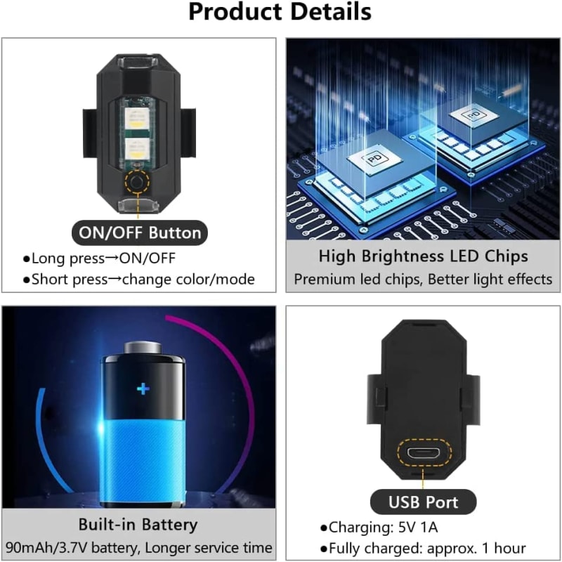 Multicolor LED Aircraft Strobe Lights (Pack of 3)ππ΄ββοΈ| USB Rechargeable, Waterproof, for Bikes, Drones & More βοΈ