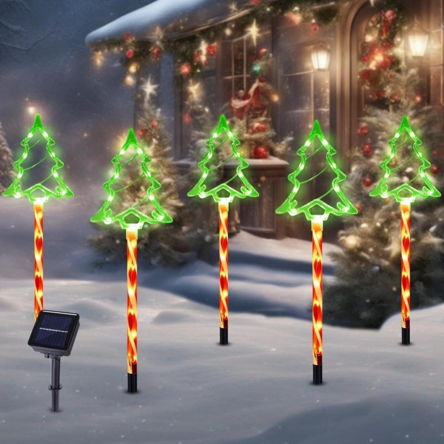Solar Christmas Tree Pathway Lights | Set of 5 π| 8 Lighting Modes, Outdoor Xmas LED Decoration