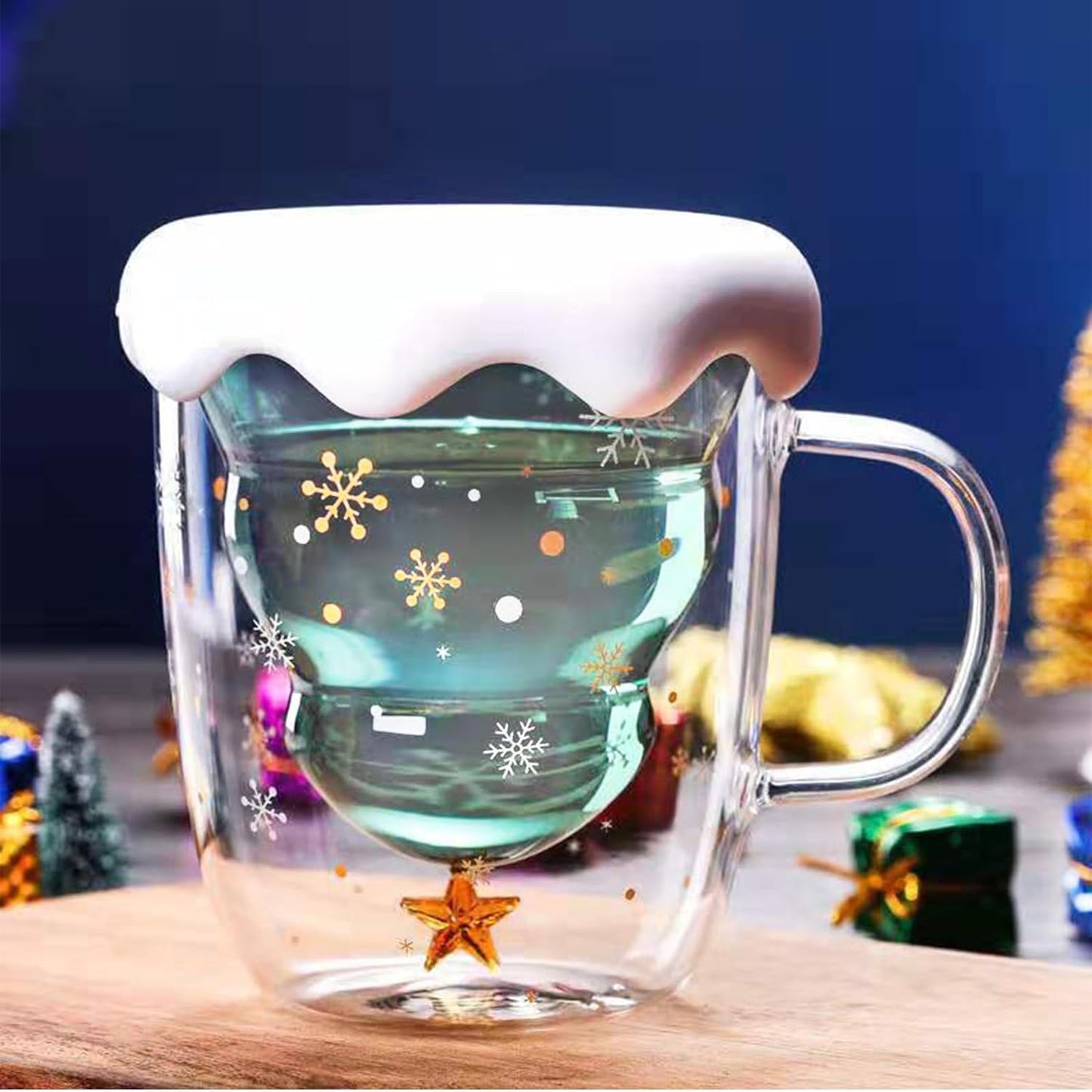 Festive Christmas Tree Glass Mug with Lid 🎄| Double Wall, 300ML Magic!