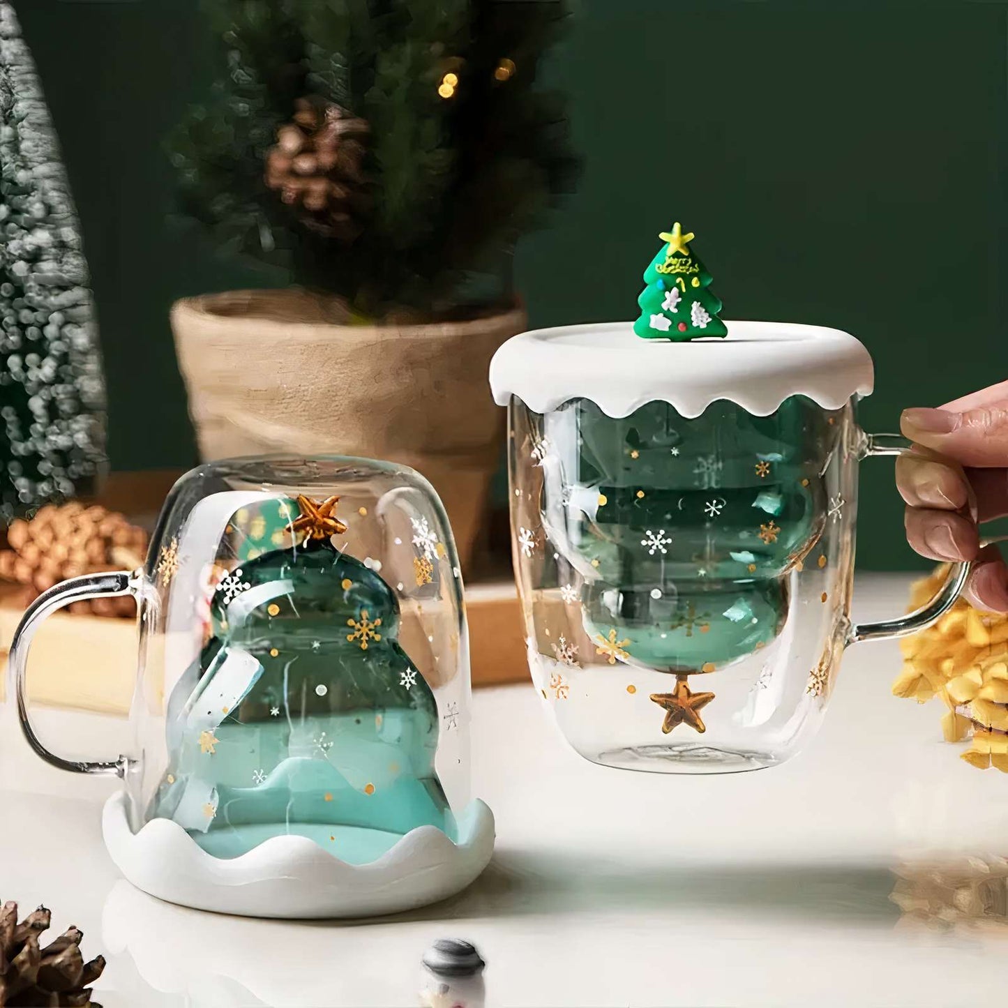 Festive Christmas Tree Glass Mug with Lid 🎄| Double Wall, 300ML Magic!