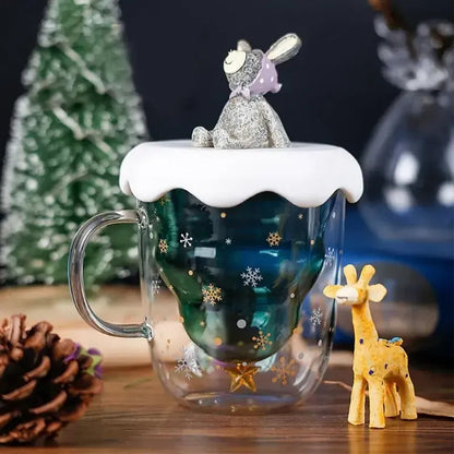 Festive Christmas Tree Glass Mug with Lid 🎄| Double Wall, 300ML Magic!