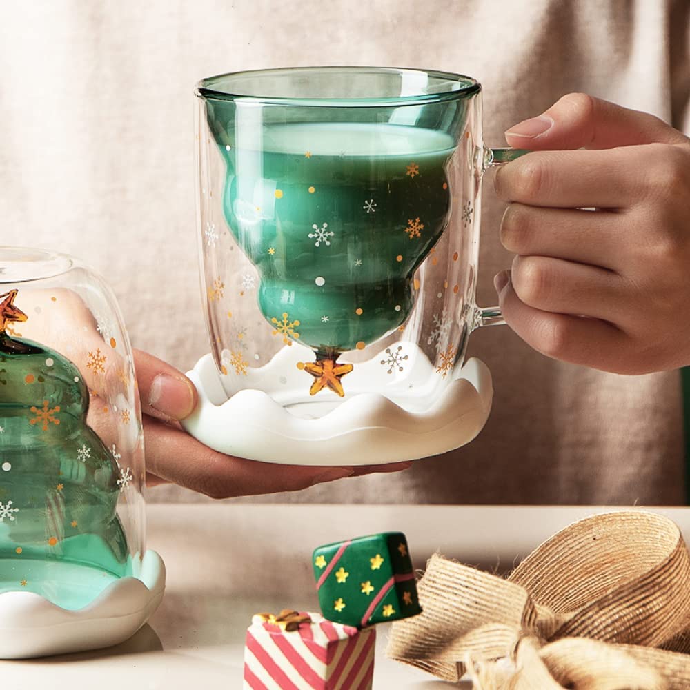 Festive Christmas Tree Glass Mug with Lid 🎄| Double Wall, 300ML Magic!