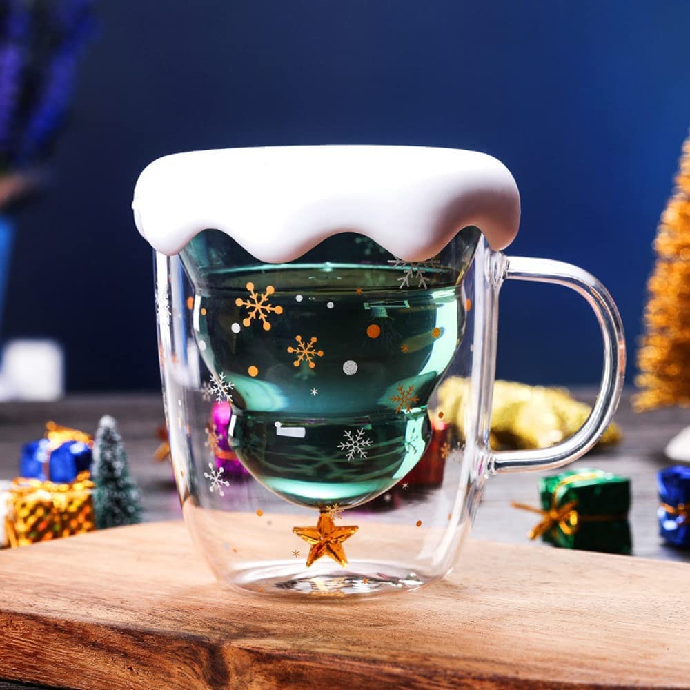 Festive Christmas Tree Glass Mug with Lid 🎄| Double Wall, 300ML Magic!