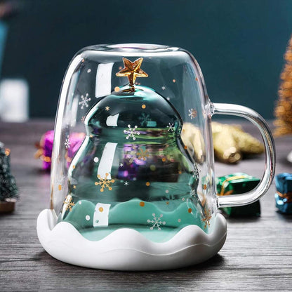 Festive Christmas Tree Glass Mug with Lid 🎄| Double Wall, 300ML Magic!