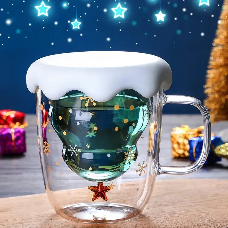 Festive Christmas Tree Glass Mug with Lid 🎄| Double Wall, 300ML Magic!