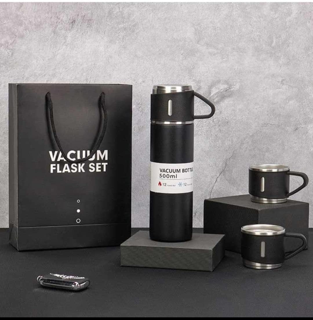 Premium Double Wall Stainless Steel Thermo Flask Set | 500ml Insulated Bottle + 2 Cups 🎁❄️🔥