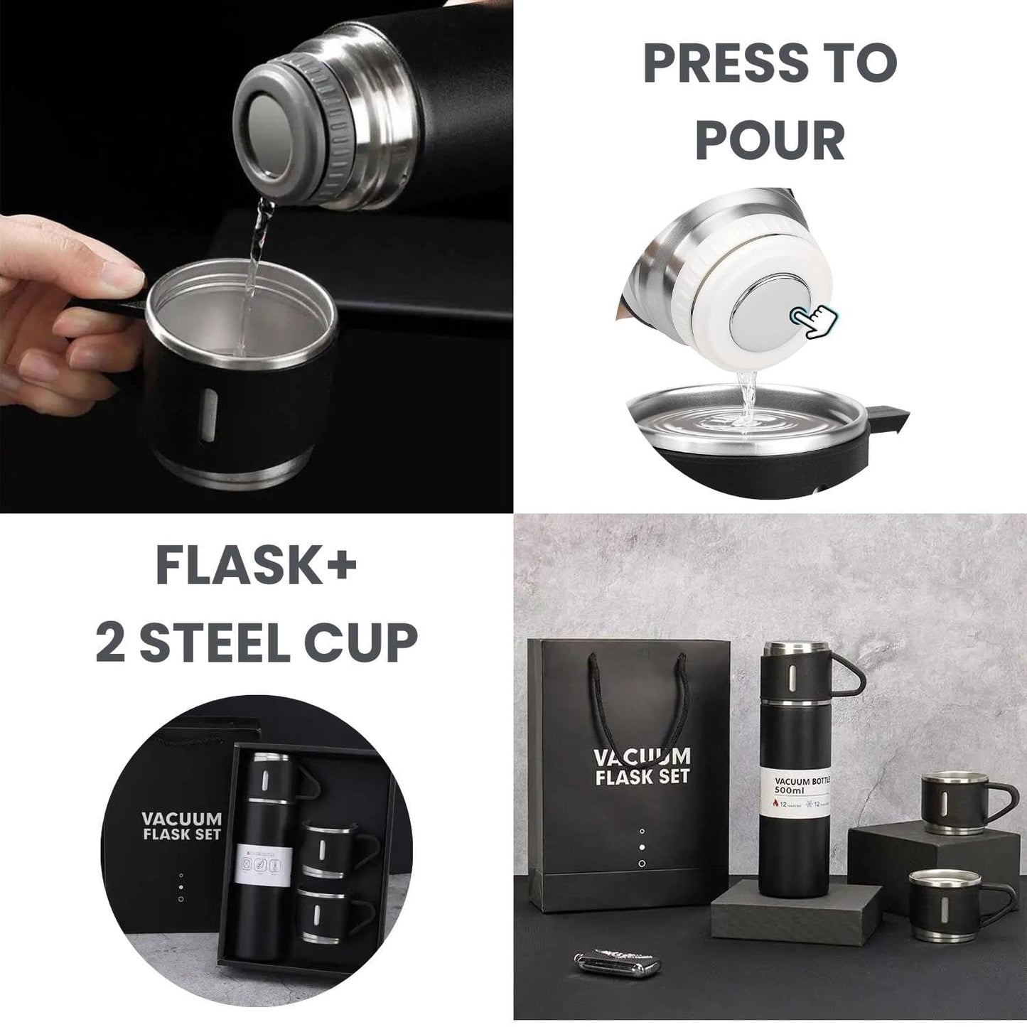 Premium Double Wall Stainless Steel Thermo Flask Set | 500ml Insulated Bottle + 2 Cups 🎁❄️🔥