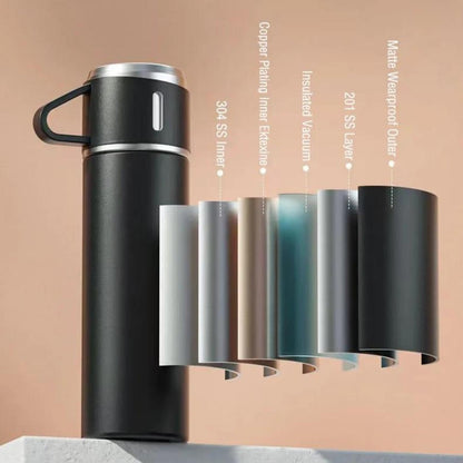 Premium Double Wall Stainless Steel Thermo Flask Set | 500ml Insulated Bottle + 2 Cups 🎁❄️🔥
