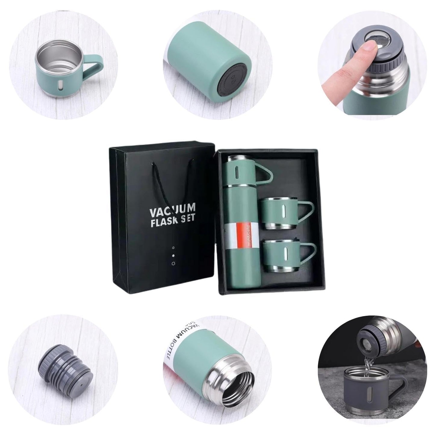 Premium Double Wall Stainless Steel Thermo Flask Set | 500ml Insulated Bottle + 2 Cups 🎁❄️🔥