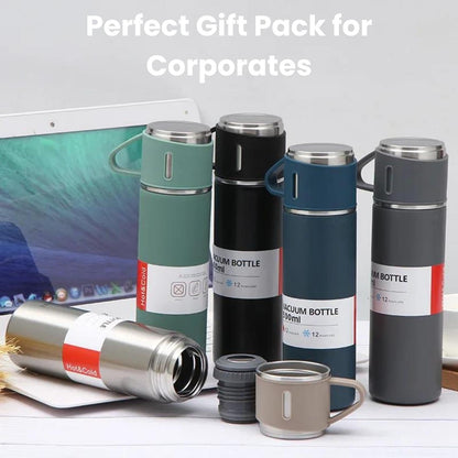 Premium Double Wall Stainless Steel Thermo Flask Set | 500ml Insulated Bottle + 2 Cups 🎁❄️🔥
