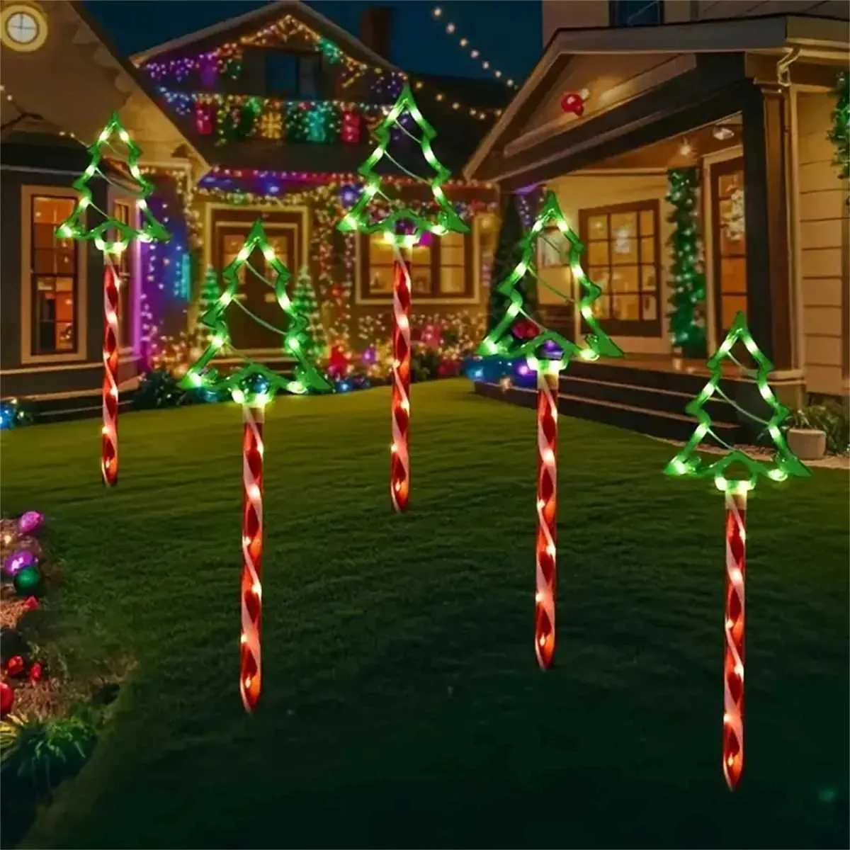 Solar Christmas Tree Pathway Lights | Set of 5 🎄| 8 Lighting Modes, Outdoor Xmas LED Decoration