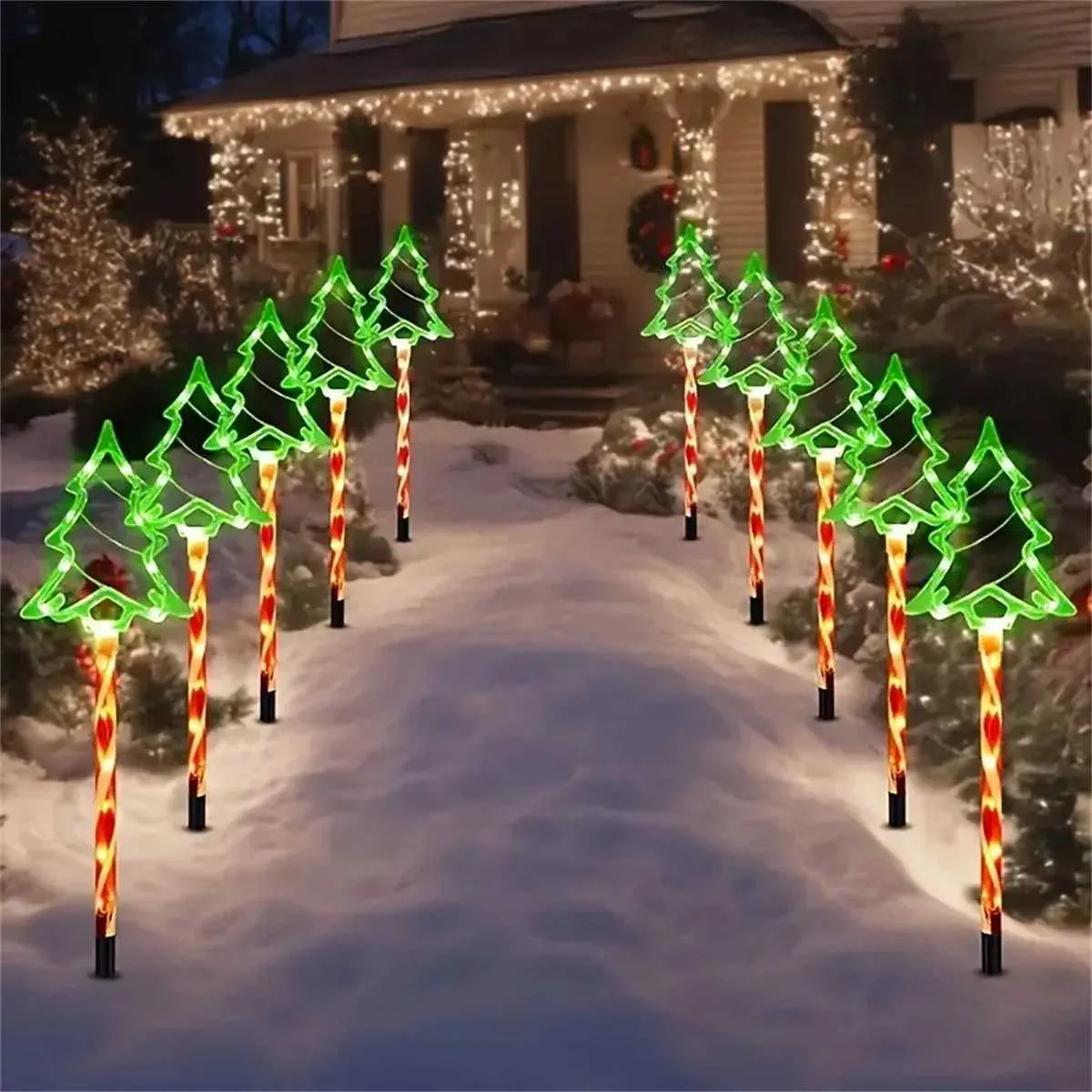 Solar Christmas Tree Pathway Lights | Set of 5 🎄| 8 Lighting Modes, Outdoor Xmas LED Decoration