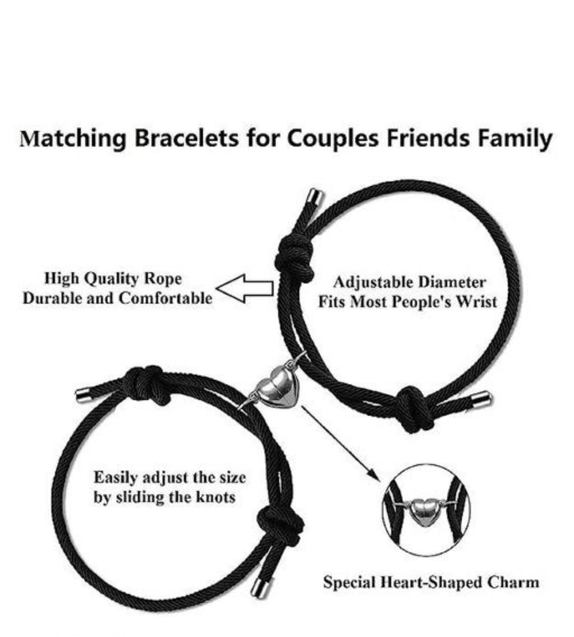 2Pcs Magnetic Heart Couple Bracelets | Adjustable Black & Silver Friendship & Love Set 💕🔗